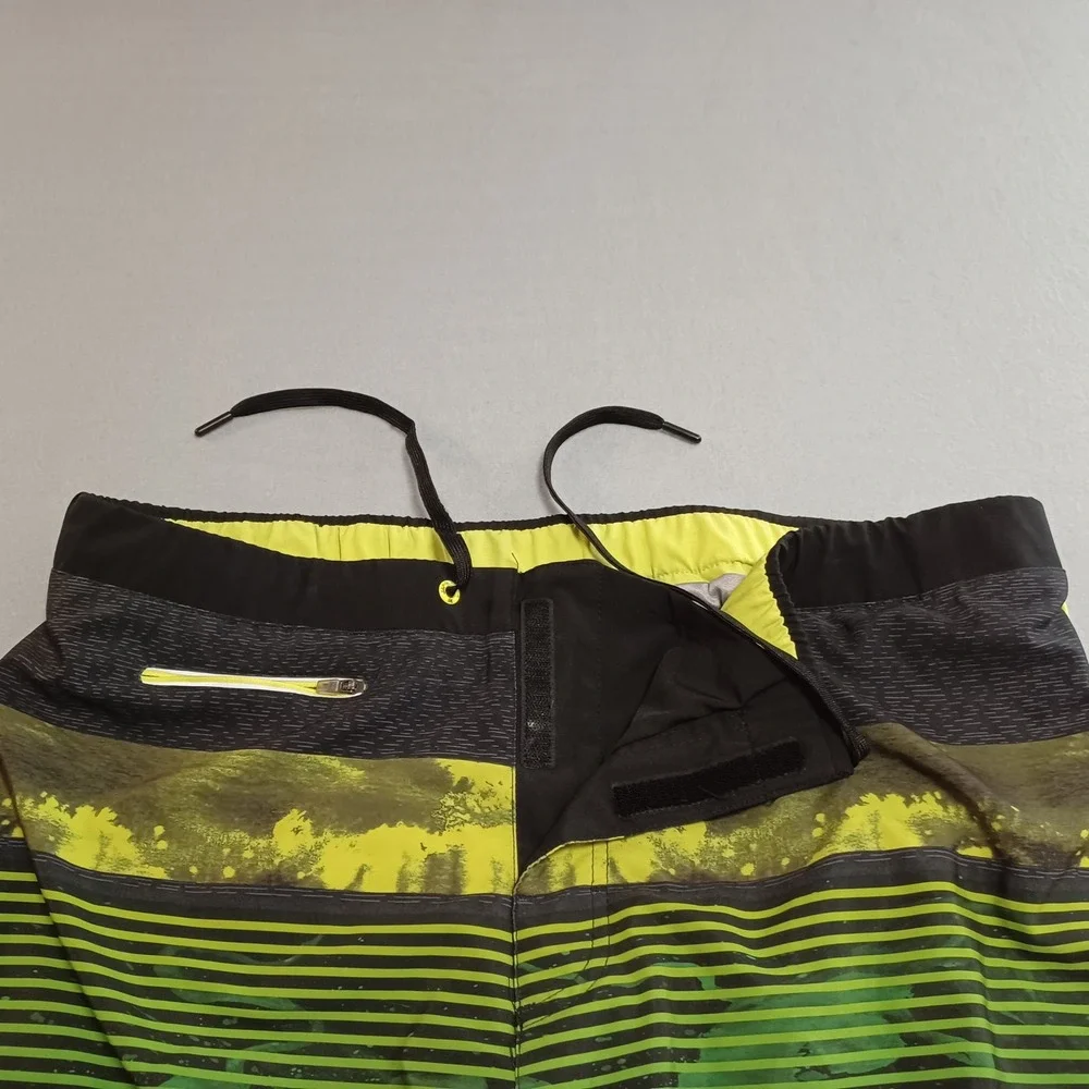 ZeroXposur Mens Board Shorts XL Black Grn Neon Striped Swim Trunks Zipper Pocket
